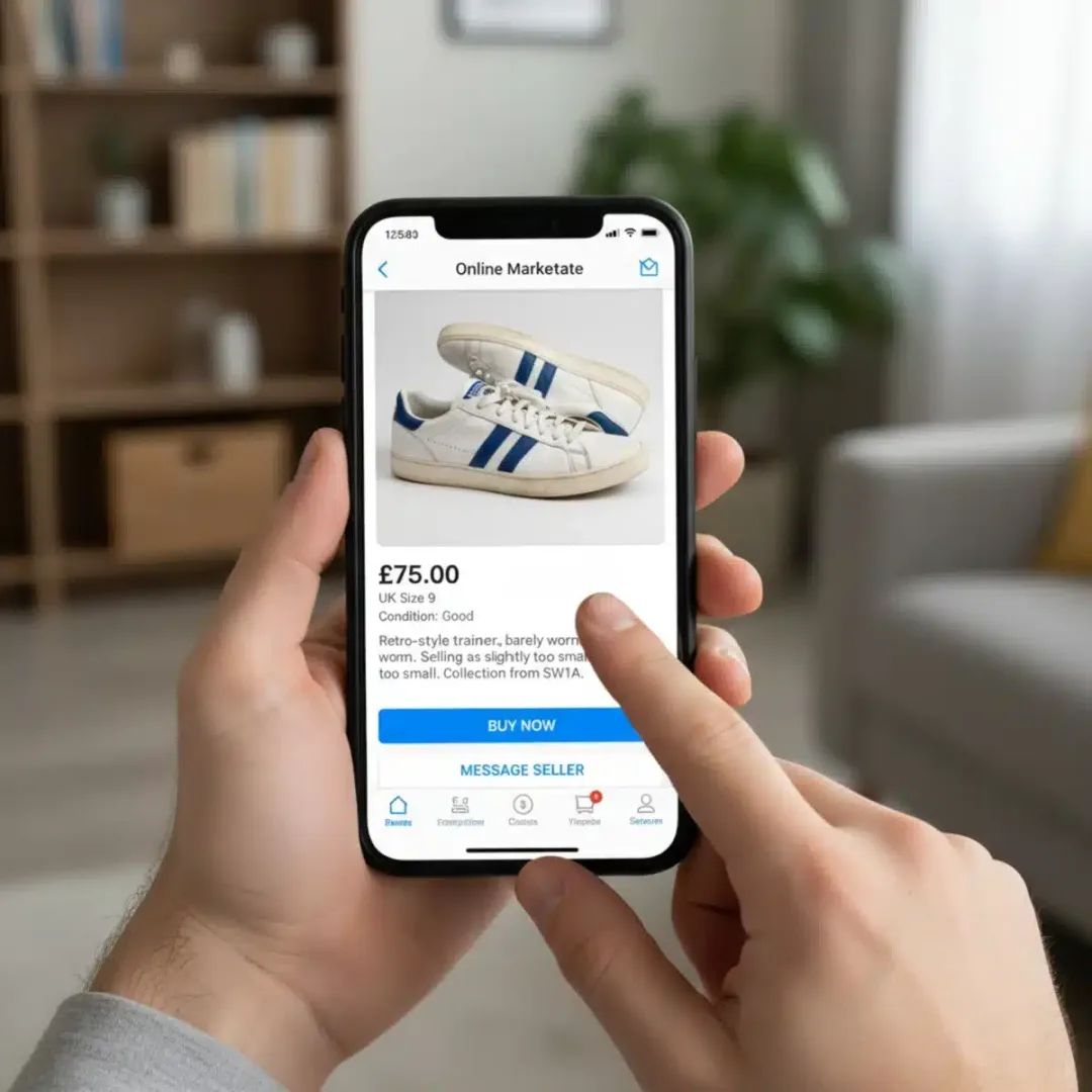 Persona navegando una aplicación móvil de venta de zapatos de segunda mano, con detalles de un producto.