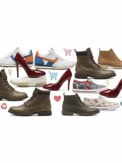 Variedad de calzado de segunda mano en línea, mostrando zapatillas, tacones y botas en perfecto estado.