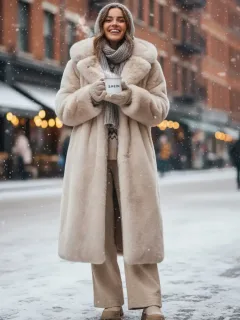 Mujer joven abrigada con un elegante abrigo de invierno de SHEIN en un entorno urbano nevado, mostrando comodidad y estilo.