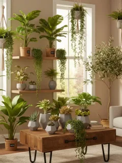 Variedad de plantas artificiales de SHEIN decorando un interior moderno y acogedor.