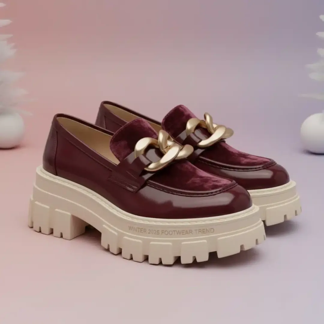 Primer plano de mocasines con plataforma gruesa, destacando su diseño audaz y detalles de lujo, tendencia clave para el invierno 2025.