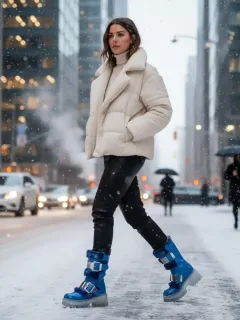 Mujer elegante luciendo botas de caña alta en una calle nevada, un reflejo de las tendencias de calzado invierno 2025 en Estados Unidos.