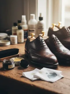 Zapatos de cuero impecables y productos de cuidado para su mantenimiento.