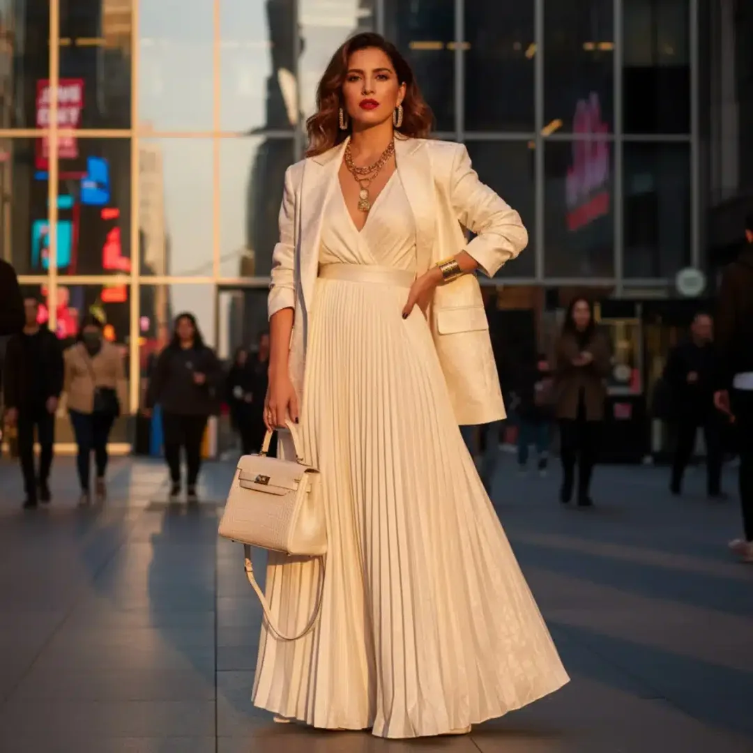 Mujer elegante vistiendo ropa de Shein que aparenta ser de lujo, posando en un entorno urbano con estilo.