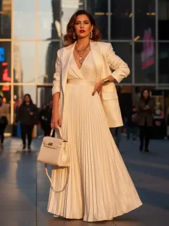Mujer elegante vistiendo ropa de Shein que aparenta ser de lujo, posando en un entorno urbano con estilo.