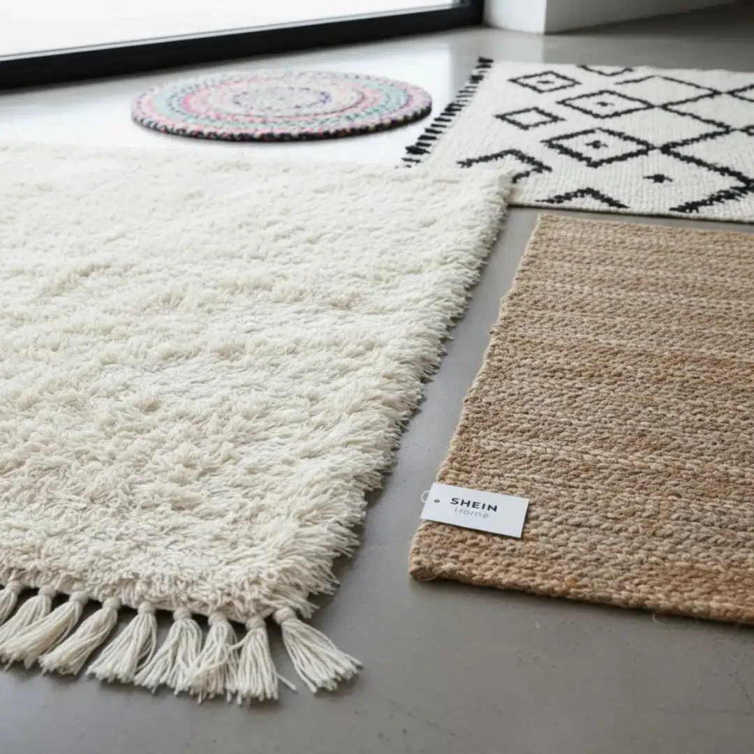 Variedad de texturas y patrones de alfombras SHEIN, incluyendo shag y fibras naturales.