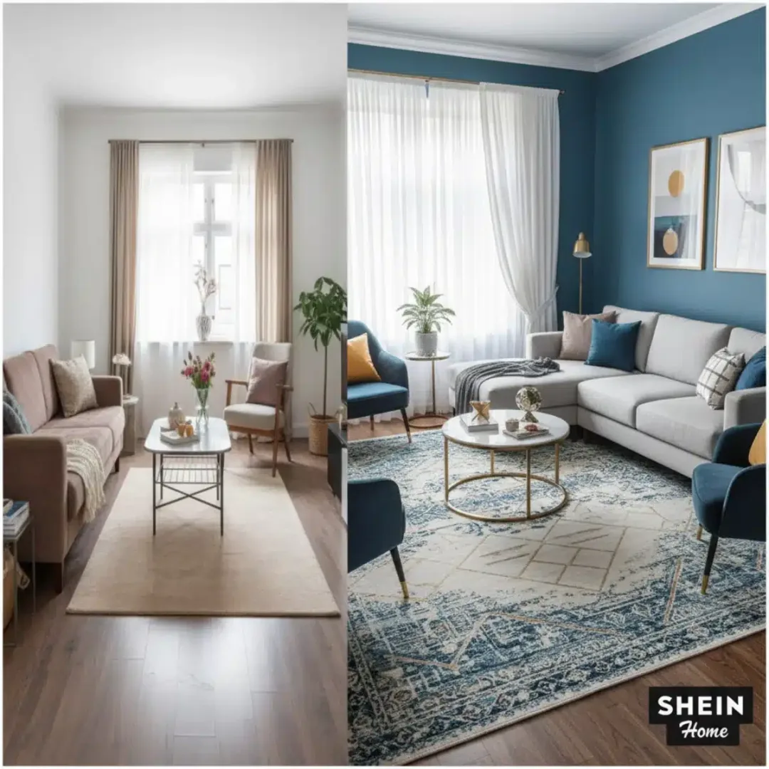 Comparación de habitaciones con alfombras SHEIN: una mal elegida y otra perfectamente dimensionada.