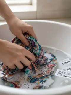 Mujer lavando a mano una prenda delicada de SHEIN, mostrando cuidado y atención al detalle para prolongar su vida útil.