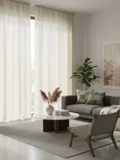 Salón moderno con cortinas de SHEIN, luz natural filtrándose suavemente.