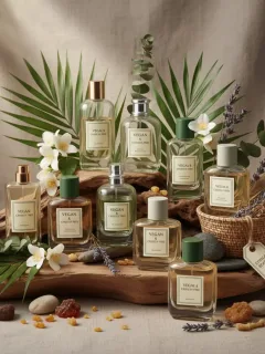 Colección elegante de perfumes veganos y cruelty-free en Estados Unidos 2025, con elementos naturales.