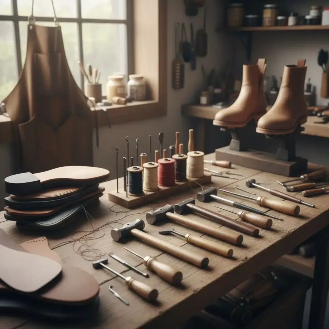 Herramientas de zapatero sobre una mesa, incluyendo martillos, punzones y suelas, mostrando la artesanía.