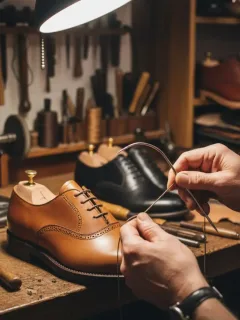 Zapatero cosiendo la suela de un zapato de cuero en su taller, con herramientas de reparación de calzado.