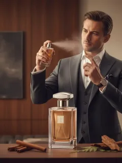 Hombre elegante aplicando perfume con notas amaderadas y especiadas.