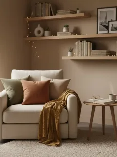 Un rincón de lectura acogedor con productos de SHEIN, incluyendo cojines suaves, una manta cálida y una lámpara de ambiente.