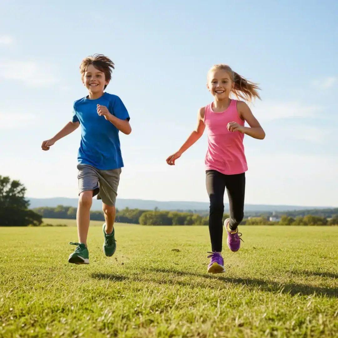 Niños corriendo y jugando al aire libre con zapatillas cómodas y adecuadas.