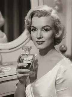 Marilyn Monroe sosteniendo un frasco de Chanel Nº5, simbolizando elegancia atemporal.