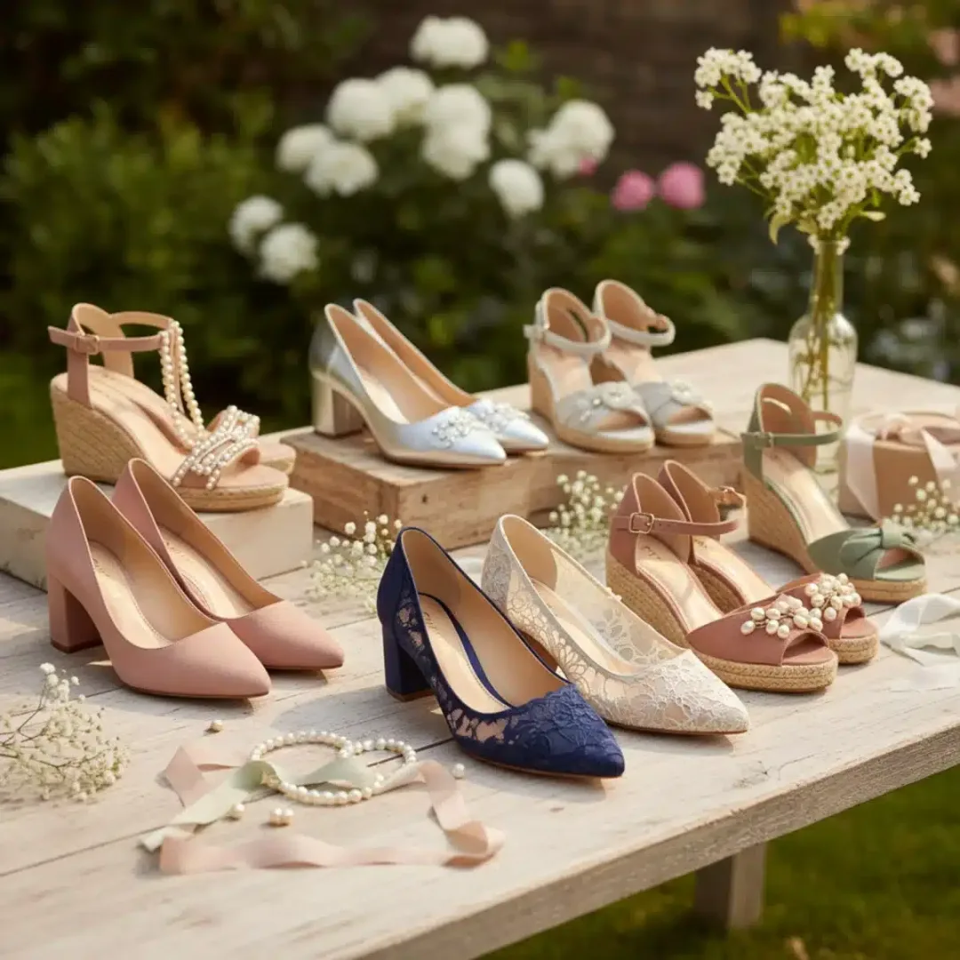 Variedad de calzado elegante y cómodo para invitadas de boda en 2025, incluyendo tacones de bloque y sandalias planas.