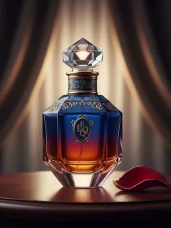 Elegante frasco de perfume nicho sobre una superficie de madera, con pétalos de flores, simbolizando exclusividad y calidad.