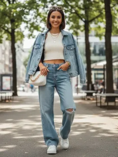 Mujer joven sonriente luciendo un look casual de SHEIN, combinando una camiseta clara con vaqueros cómodos y accesorios modernos, en un entorno urbano.