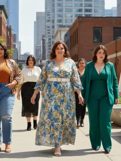 Mujeres sonrientes vistiendo ropa moderna y cómoda de SHEIN tallas grandes en un entorno urbano.