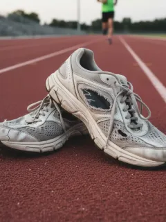Zapatillas de correr desgastadas mostrando suela y tejido deteriorados, señalando la necesidad de un reemplazo.