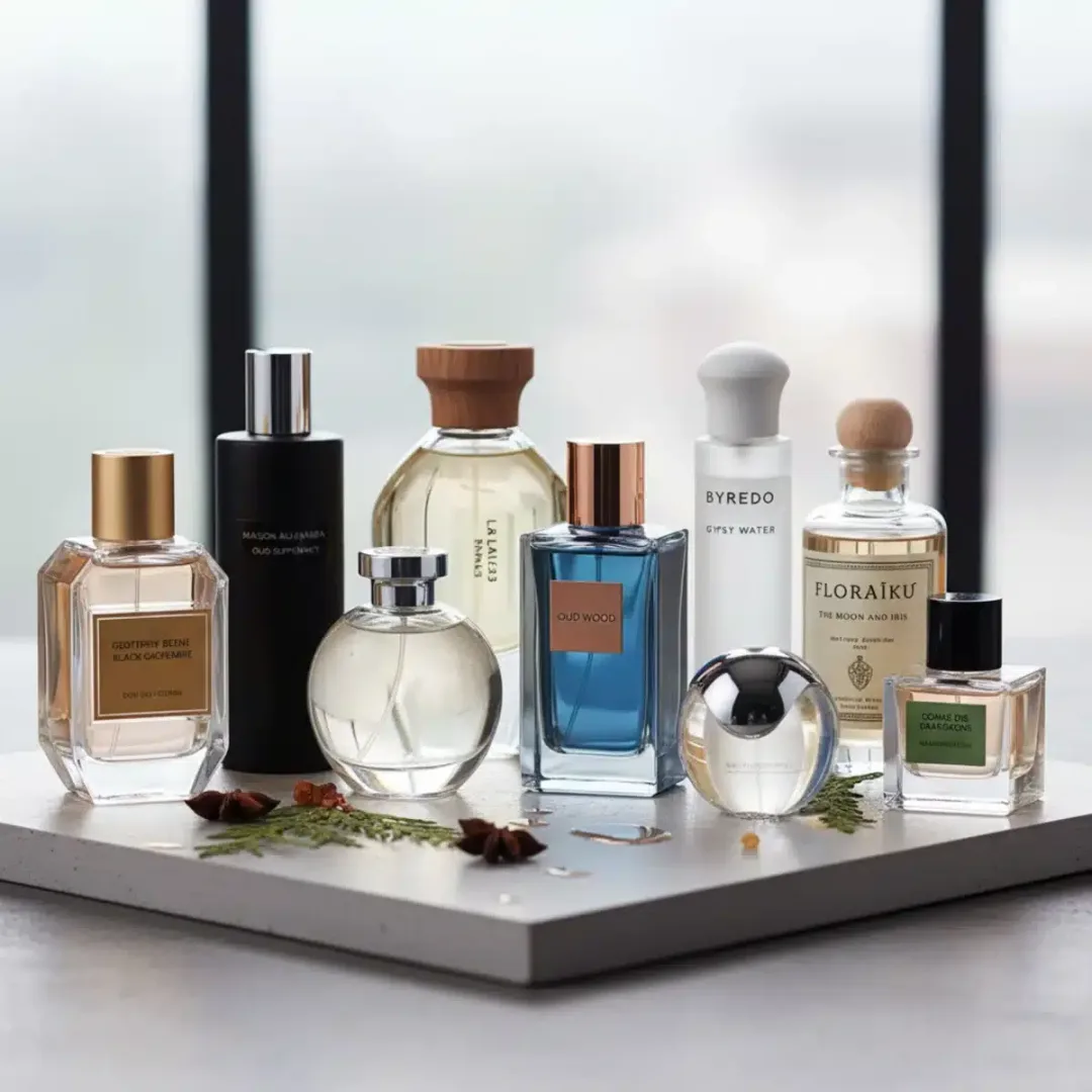 Variedad de botellas de perfumes unisex elegantes y sofisticados