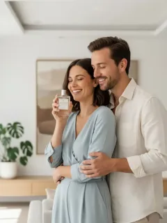 Pareja compartiendo un perfume unisex en un ambiente moderno y luminoso