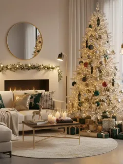 Salón acogedor decorado con novedades de decoración navideña de SHEIN para 2025, incluyendo árbol de Navidad, luces y cojines festivos.