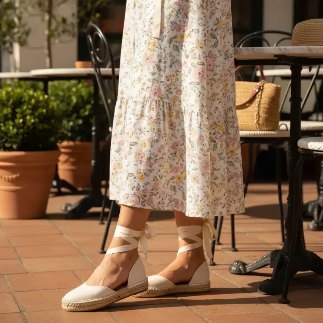 Espadrilles combinadas con vestido floral para un look primaveral.