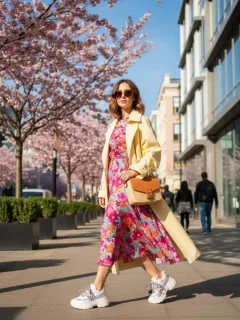 Mujer elegante combinando calzado deportivo con ropa de primavera 2025.