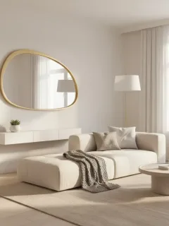 Espejo decorativo original de SHEIN en una sala moderna que amplía visualmente el espacio y añade un toque de elegancia.