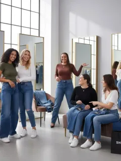 Mujeres probándose vaqueros SHEIN, mostrando diferentes estilos y tallas en un ambiente moderno y luminoso.