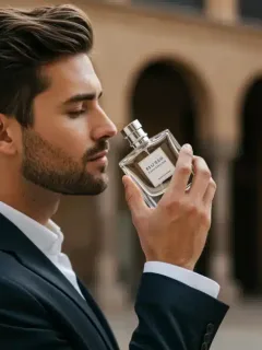 Hombre elegante probando un perfume de lujo, con un fondo arquitectónico español, simbolizando las nuevas tendencias en fragancias masculinas.