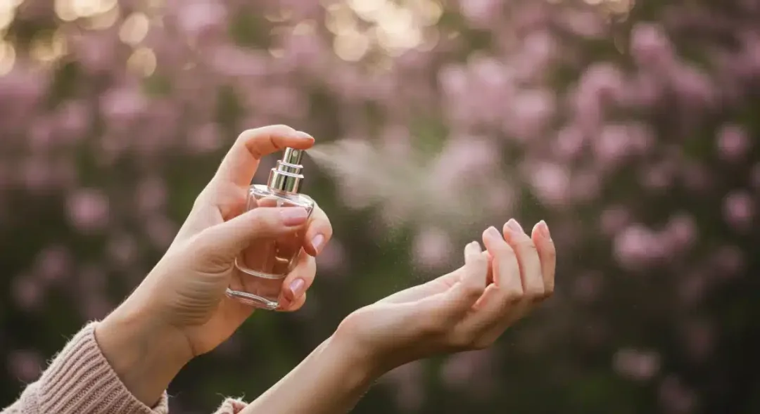 Mujer aplicando una fragancia floral, destacando la delicadeza y la esencia de los perfumes.