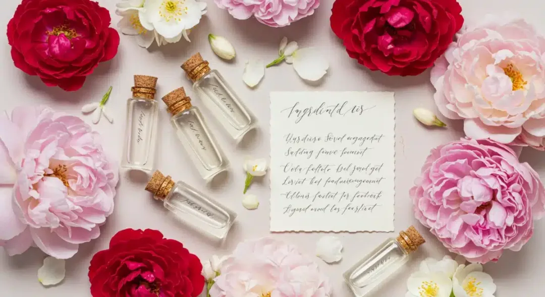 Variedad de flores frescas y muestras de perfume, representando la composición de las fragancias florales.