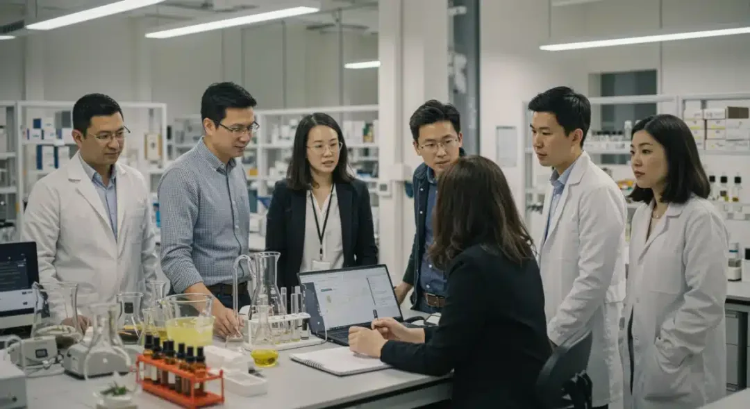 Equipo de científicos y expertos trabajando en laboratorio de perfumes sostenibles, investigando nuevas formulaciones.