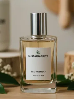 Frasco de Perfume Español sostenible rodeado de elementos naturales, simbolizando la innovación ecológica en la industria española.