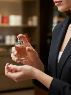 Mujer elegante aplicando perfume en la muñeca, en una boutique española.