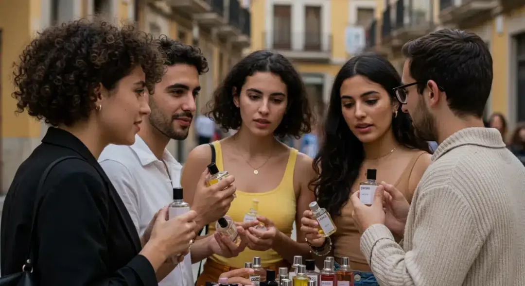 Jóvenes probando y compartiendo perfumes nicho en un entorno urbano español, reflejando la tendencia cultural.