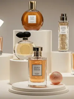 Exquisitas botellas de perfumes nicho con diseños artísticos en un ambiente sofisticado, representando la innovación en España.