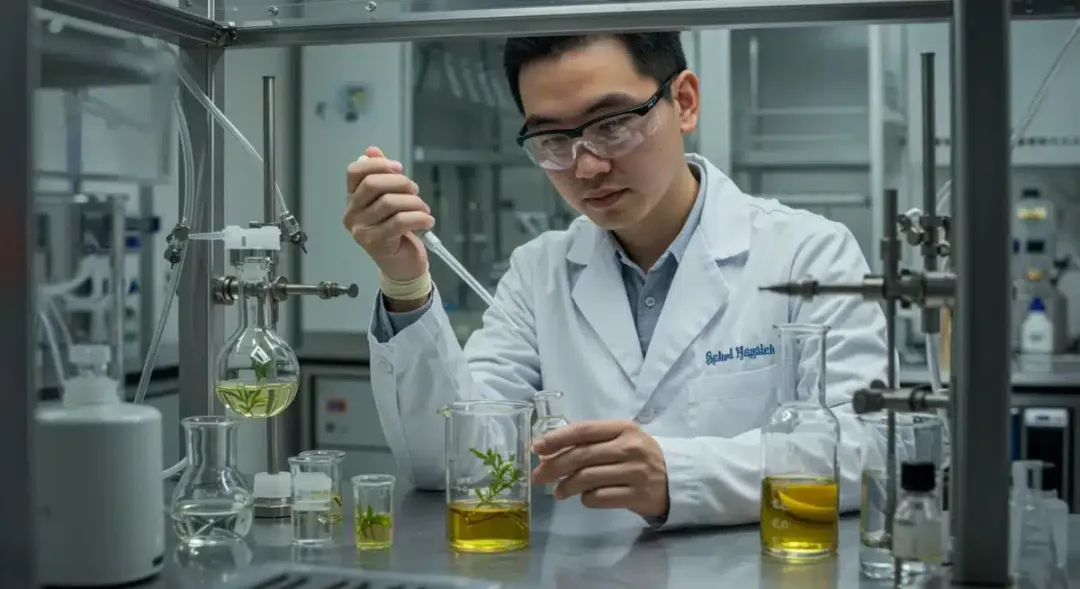 Científica investigando extractos botánicos y moléculas sintéticas para nuevas fragancias