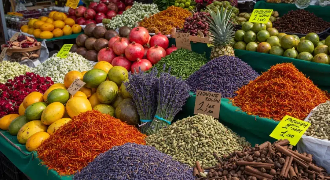 Mercado español con frutas exóticas y flores, inspiración para ingredientes de perfume