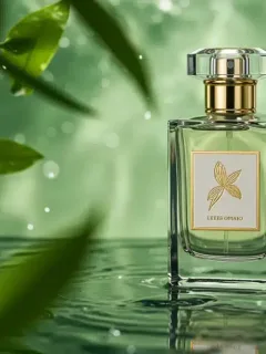 Frasco de perfume innovador rodeado de elementos naturales, representando la perfumería española de 2026