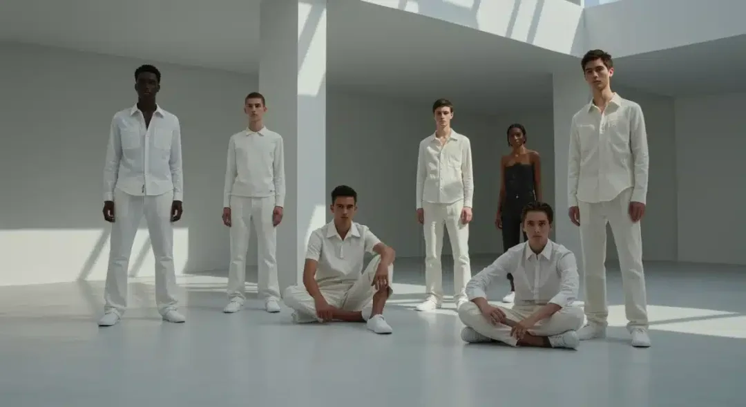 Modelos con atuendos monocromáticos y líneas limpias, ilustrando la tendencia minimalismo funcional en la moda española.