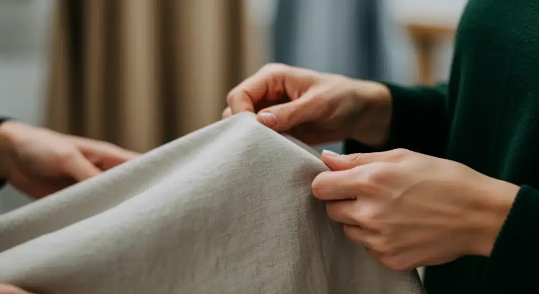 Manos examinando la textura de un tejido de algodón orgánico, símbolo de calidad en ropa sostenible.