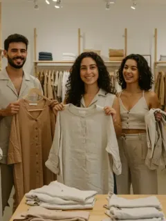 Jóvenes sonrientes comprando ropa sostenible en una tienda moderna y luminosa en España.