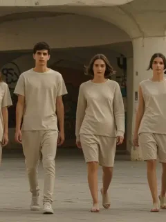 Modelos con ropa genderless en un entorno urbano español, reflejando las tendencias de moda sin género de 2026. Moda Genderless en España.