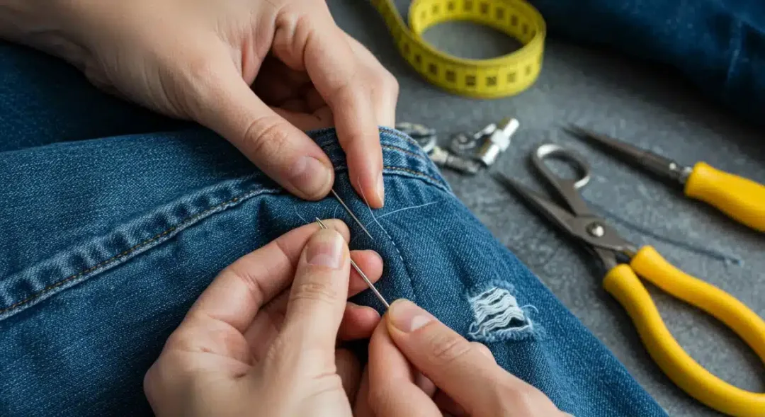 Persona cosiendo un desgarro en unos vaqueros, ilustrando la importancia de la reparación de prendas.