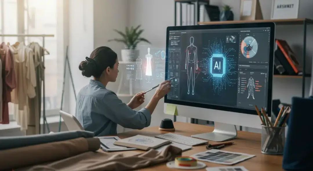 Diseñador de moda utilizando inteligencia artificial para crear nuevos diseños y analizar tendencias en tiempo real.