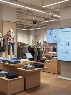 Cliente interactuando con tecnología de IA en una tienda de moda española, probándose ropa y viendo recomendaciones personalizadas.